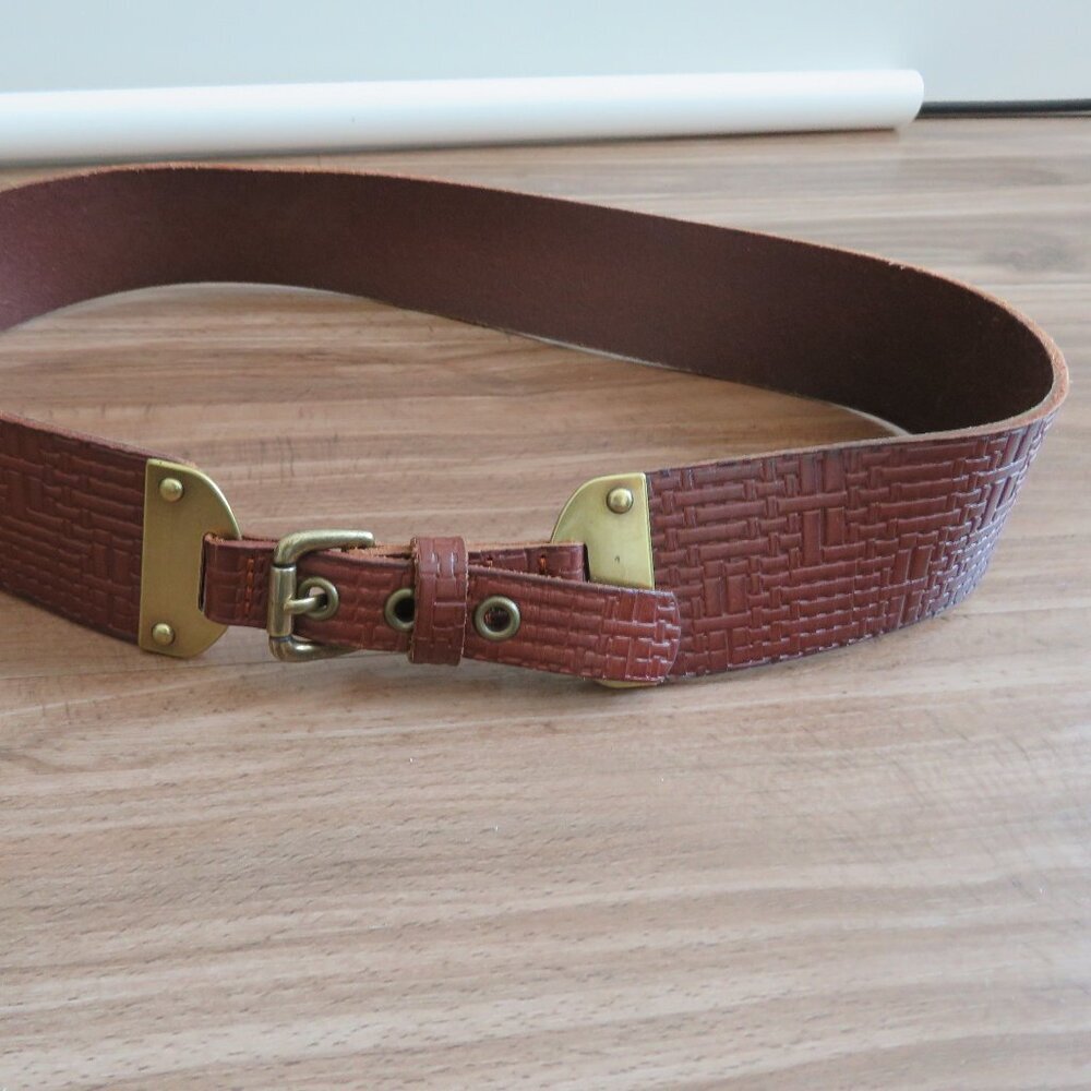 FOSSIL Textured Cognac Chunky Belt Brown Leather Large Y2K Festival Western - Picture 4 of 10